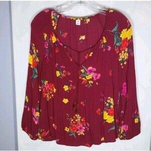 Old Navy Women’s Top Sz M Burgundy Floral Vneck Tassels Boho Chic Peasant Hippie